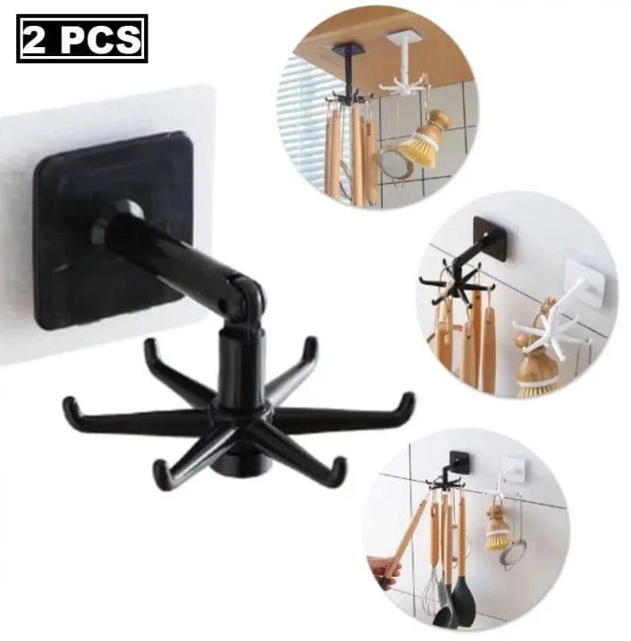 Wall Mount Rotating Hooks | Black Plastic Swivel Hooks for Kitchen, Bathroom & Entryway | Space-Saving Organizer | Pack of 3